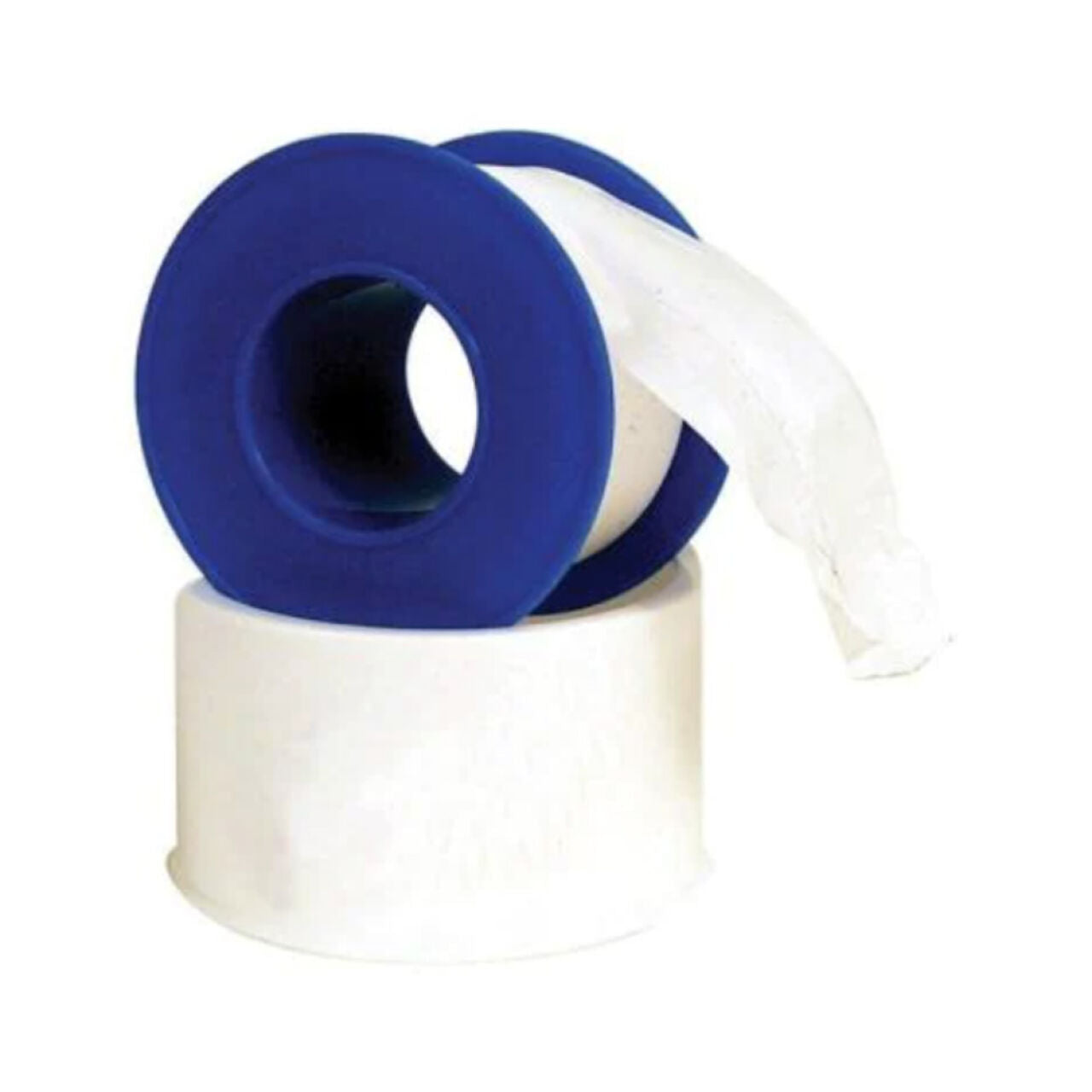 A partially unrolled Go Build 1/2 in. x 260 in. Thread Sealing PTFE Plumbers Tape, featuring a white tape on a blue plastic spool, is placed upright against a plain white background. Brand: The Fastest Way To Build.